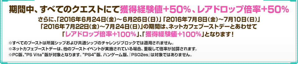 期間中、すべてのクエストにて獲得経験値+50％、レアドロップ倍率+50％ さらに、「2016年6月24日（金） ～ 6月26日（日）」「2016年7月8日（金） ～ 7月10日（日）」「2016年7月22日（金） ～ 7月24日（日）」の期間は、ネットカフェブーストデーとあわせて「レアドロップ倍率＋100％」、「獲得経験値＋100％」となります！