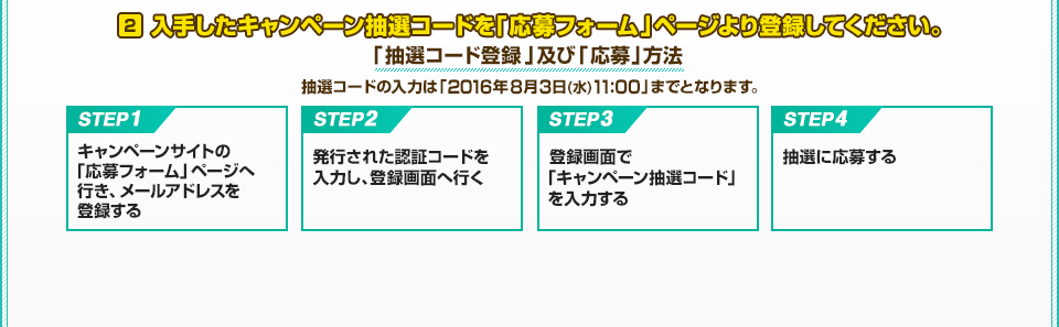 入手したキャンペーン抽選コードを「応募フォーム」ページより登録してください。「抽選コード登録」及び「応募」方法