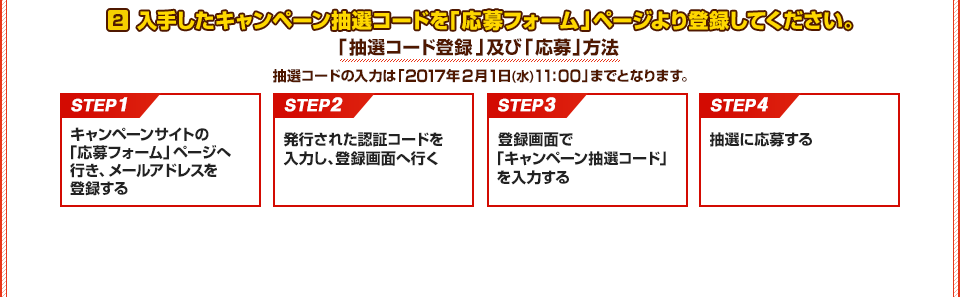 入手したキャンペーン抽選コードを「応募フォーム」ページより登録してください。「抽選コード登録」及び「応募」方法