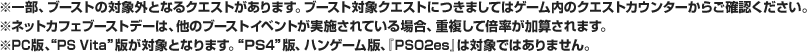 ※一部、ブーストの対象外となるクエストがあります。ブースト対象クエストにつきましてはゲーム内のクエストカウンターからご確認ください。※ネットカフェブーストデーは、他のブーストイベントが実施されている場合、重複して倍率が加算されます。※PC版、“PS Vita ”版が対象となります。“PS4”版、ハンゲーム版、『PSO2es』は対象ではありません。