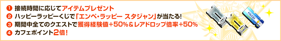 1.接続時間に応じてアイテムプレゼント 2.ハッピーラッピーくじで「エンペ・ラッピー スタジャン」が当たる! 3.期間中全てのクエストで獲得経験値＋５０％＆レアドロップ倍率＋５０％ 4.カフェポイント2倍！