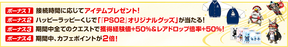 ボーナス1：接続時間に応じてアイテムプレゼント！ ボーナス2：ハッピーラッピーくじで「『PSO2』オリジナルグッズ」が当たる！ ボーナス3：期間中全てのクエストで獲得経験値＋５０％＆レアドロップ倍率＋５０％！ ボーナス4：期間中、カフェポイントが2倍！