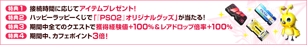 【特典1】接続時間に応じてアイテムプレゼント！【特典2】ハッピーラッピーくじで「『PSO2』オリジナルグッズ」が当たる！【特典3】期間中全てのクエストで獲得経験値＋100％＆レアドロップ倍率＋100％！【特典4】期間中、カフェポイントが3倍！