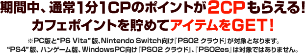 キャンペーン期間中、通常1CPのポイントが2CPもらえる！カフェポイントを貯めてアイテムをGET！ ※“PC”版と“PS Vita”版、Nintendo Switch向け『PSO2 クラウド』が対象となります。“PS4”版、ハンゲーム版、WindowsPC向け『PSO2 クラウド』、『PSO2es』は対象ではありませんのでご注意ください。